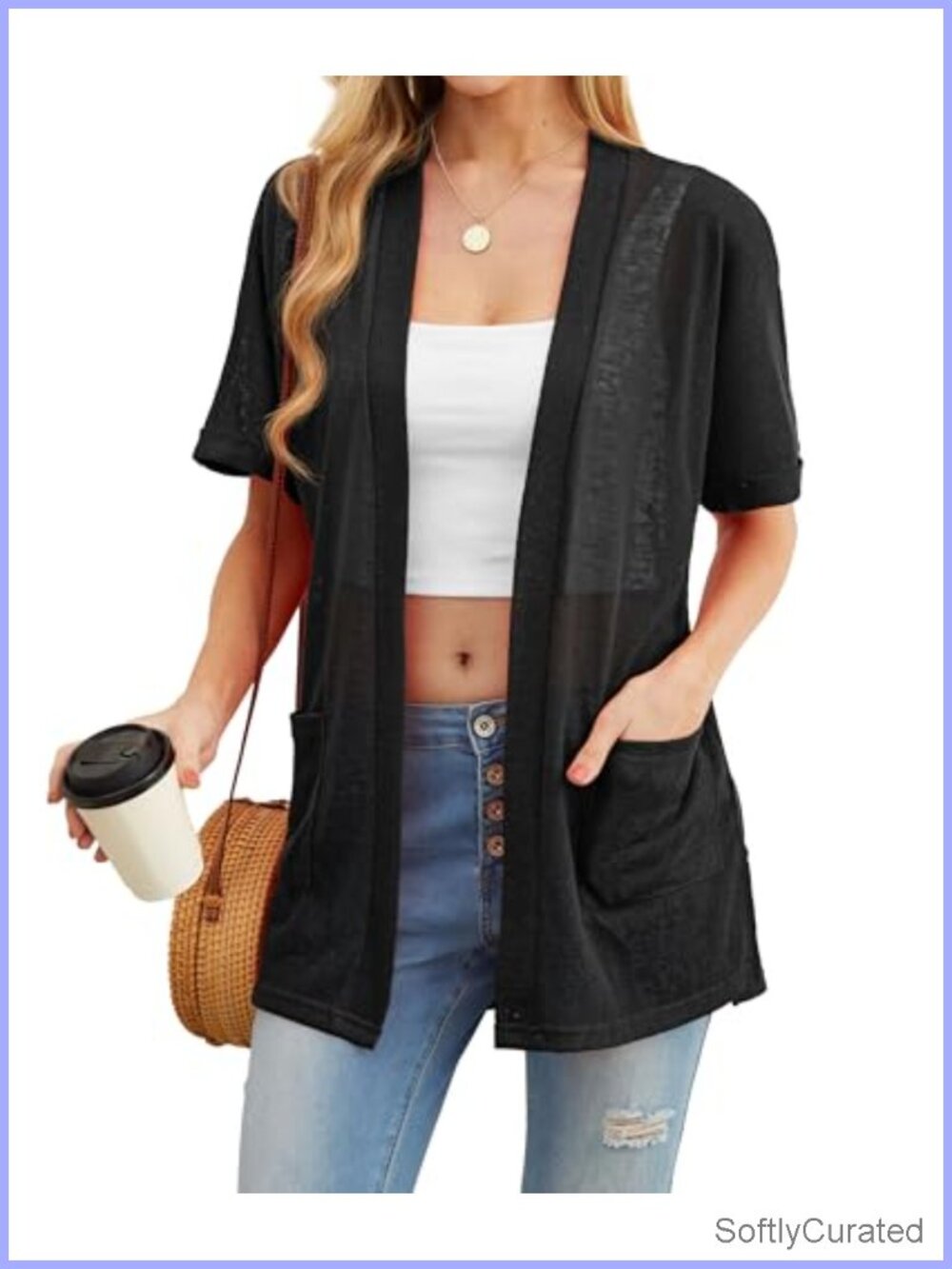 Women's Short Sleeve Sheer Knit Cardigan Cover Up with Pockets